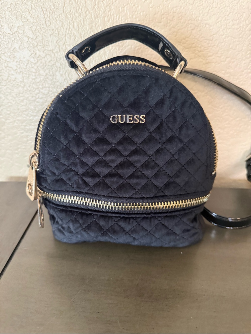 GUESS Black Quilted Mini Backpack Crossbody Bag Gold Hardware
